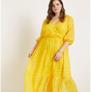 Eloquii Sheer Yellow Maxi Dress With Puff Sleeves, Women's Size 16